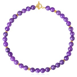 NUZON 10MM Round Amethyst Beaded Gemstone Necklace for Women Natural Purple Stone Choker Healing Ball Strand Summer Jewelry with Toggle Clasp 17’’