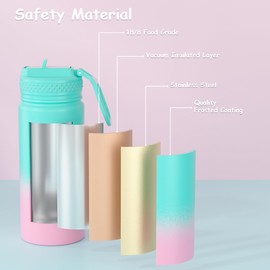 MURRICON 12oz Kids Water Bottle for School,Stainless Steel Water Bottles Kids with Straw,Vacuum Insulated Water Bottle for Kids,Gifts for Boys and Girls,GreenPink