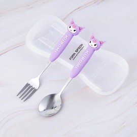 CNEISEJK Kawaii Kitty Print Portable Utensils with Case Cartoon Reusable Flatware Set Chopsticks Fork Spoon Set for Travel Picnic (CJ 2KUM 2406), Middle, Pink