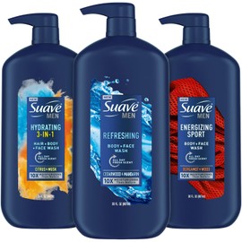 Suave Men Body & Hair Care Variety 3-Pack – Energizing Sport, Refreshing Body + Face Wash, and Hydrating 3-in-1 Hair + Body + Face Wash, 30 Oz Ea