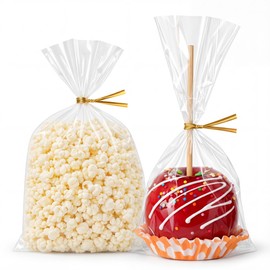 Wowfit 50 CT 6x10 Inch Clear Flat Cellophane Treat Bags with 6" Gold Twist Ties, Cello Packaging for Candy Wrapping, Cookies, Popcorn and Food Storage