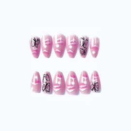 SINHOT Press on Nails Medium Almond Fake Nails Butterfly Acrylic Nails Glossy Glue on Nails White Cloud Stiletto Artificial Nails Stick on False Nails with Design 24 pcs