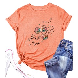 Womens Faith Hope Love T Shirts Trendy Summer Dandelion Graphic Tees Casual Cotton Short Sleeve T Shirts Orange, XL