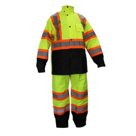 Troy Safety RW-CLA3-TLM55 Class 3 Rain suit, Jacket, Pants High Visibility Reflective Black Bottom with X Pattern(2XL, Lime)