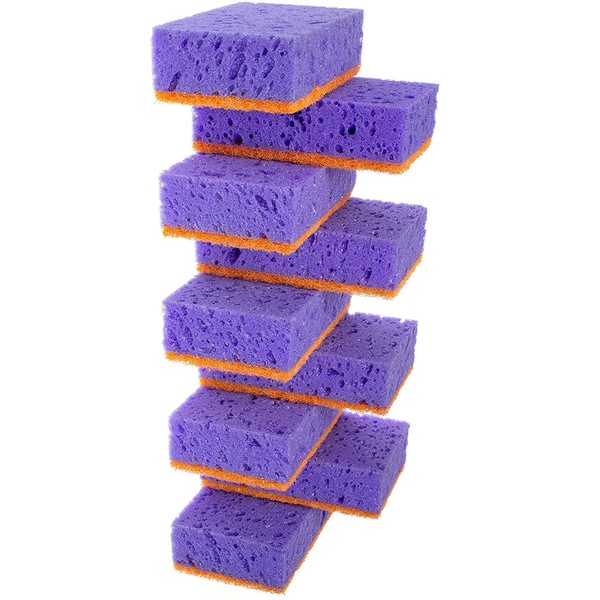 Okleen Purple and Orange Multi Use Scrub Sponges. Made in Europe. 9 Pack, 4.3x2.8x1.4 inches. Heavy Duty & Non Scratch Fiber. Odorless Durable Delicate, Easy Washable Violet Scrubber