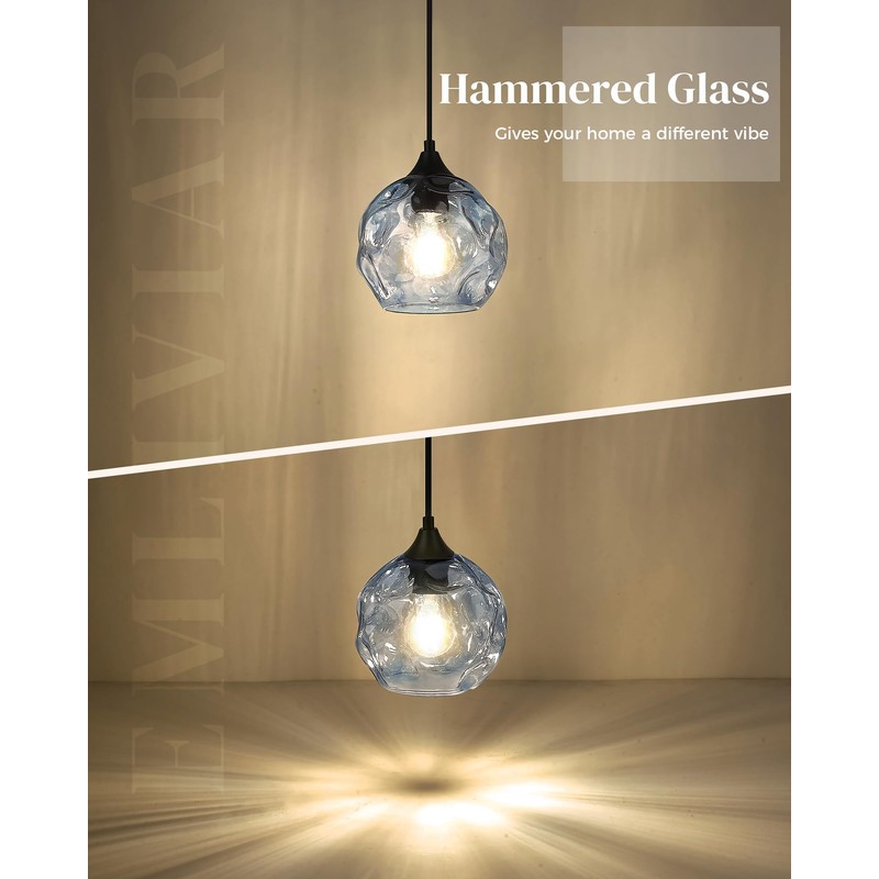Emliviar 1-Light Pendant Lighting Hammered Glass, Modern Blue Ceiling Hanging