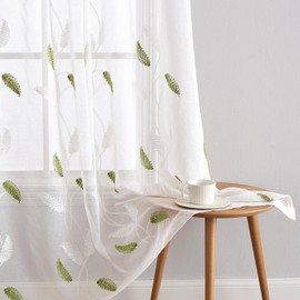 EMEMA Green Voile Sheer Curtains, Embroidered Leaf Curtains 96 Inches Long, Rod Pocket Light Filtering Window Drapes for Bedroom Living Room, 2 Panels