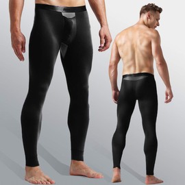 Ouruikia Men's Thermal Underwear Pants Modal Thermal Bottoms Long Johns Pants Underwear with Separate Pouch (Black(only Bottom), US X-Large)
