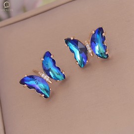 Locrccl Colorful Butterfly Stud Earrings Vintage Bohemian Enamel Cubic Zirconia Butterfly Cute Statement Aesthetic Earrings for Women Jewelry Mother's Day (B-blue)