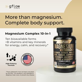 gflow vitamins Magnesium Complex Supplement - 10 Active Forms, Glycinate, Citrate, Malate, Oxide, Taurate, Aspartate, Gluconate, Ascorbate, Lactate, Carbonate, Plus More with Vitamin C B1 B2 B6 B12
