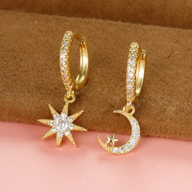 925 Sterling Silber Creolen Ohrringe mit Anhänger, Asymmetrische Stern Mond Funkelnde CZ Tropfen Ohrringe für Damen, Hypoallergen 14K Vergoldet Kleine Schlafen Knorpel Ohrringe Schmuck Geschenk