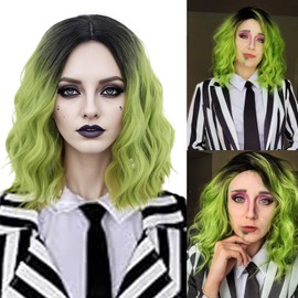 MAGQOO Green Wig for Women Green Wig Short Curly Wavy Hair Wig Dark Roots Two Tones Middle Part Synthetic Heat Resistant