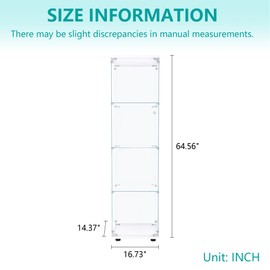 Dolonm Glass Display Cabinet 4 Shelves with 1 Door, 5mm Tempered Glass Storage Cabinet, Floor Standing Curio Bookshelf, Glass Display Case for Living Room, Office, Bedroom, White