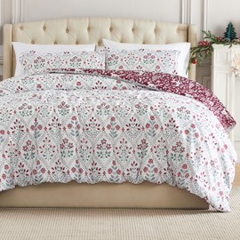 Southshore Fine Living, Inc. Christmas Comforter Twin Size Set with Pillow Sham, Reversible Red Holiday Bedspread with 2 Patterns, Twin/Twin XL Comforter - Snowflakes, Holly & Reindeer Print