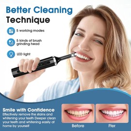 Electric Teeth Whitening Tools Plaque Tartar Polishing Cleaning Kit with LED Light 5 Speed Modes with 5 Replacement Brush Heads (Black)