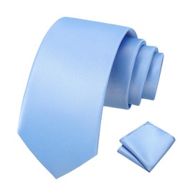 PenSee Men's Tie Set Solid Pure Color 3.15" (8CM) Classic Formal Plain Necktie and Pocket Square Set For Men, 037-light Blue, Medium