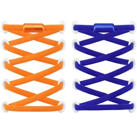RJ-Sport (2 Pairs of Elastic Shoelaces with Quick Release - Quick Lacing System for Unique Comfort and Strong Hold - with Metal Capsules without Tying (Orange + Blue)