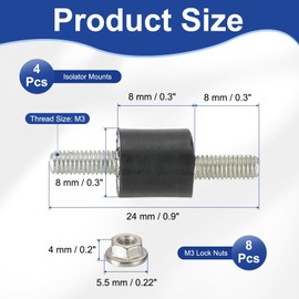 PATIKIL M3 8x8mm Rubber Isolator Mounts, 4 Pcs Rubber Studs Shock Absorber Anti-Vibration Isolation Damping Mounts with Lock Nuts for Motor, Air Compressor, Engines (24mm Height)