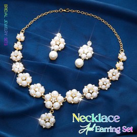 Aukmla Pearl Bridal Wedding Jewelry Set Sparkly Rhinestones Weddding Necklace Earrings Sets Prom Jewerly for Women, One Size, Metal, No Gemstone