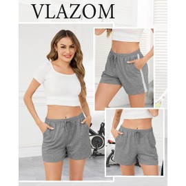 Vlazom Damen Sporthose Kurz Baumwolle Sommer Freizeithose Trainingshose mit Taschen Elastischer Bund und Atmungsaktive Shorts（M，Grau）