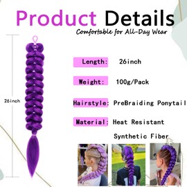 Purple Braiding Hair Ponytail Extensions with Elastic Tie 26Inch