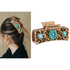 Western Turquoise Hair Claw Clips Leopard Pattern Square Hair Claw Clips 4.1" Cowgirl Brown Hair Clips Cowhide Large Western Cowgirl Stuff Gift for Women Girls(leopard)