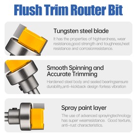 HUHAO Pattern Flush Trim Router Bit,Straight Router Bits 1/4 Shank ,Cutting Length 5/16",Bottom Bearing Flush Straight Cut Trim Router Bit for Woodworking