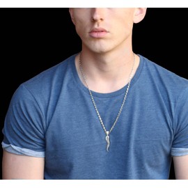 US Jewels Men's 925 Sterling Silver 26mm Italian Horn Good Luck Pendant 4.1mm Miami Cuban Necklace, 22in