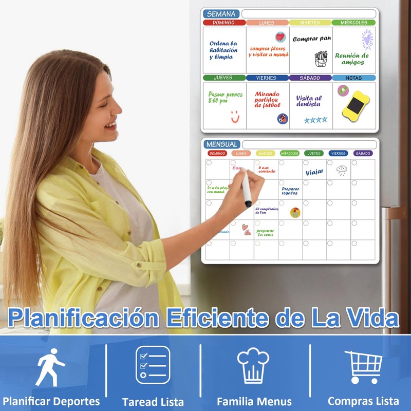 Calendario Magnético para Refrigerador en Español, 2 Planificador Mensual Semanal