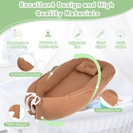 Saeifin Baby Lounger for Newborn, Infant Lounger for 0-24 Months, Co Sleeper for Girls Boys, 100% Cotton Soft Adjustable Baby Floor Seat for Travel, Portable Baby Nest Lounger(Brown)