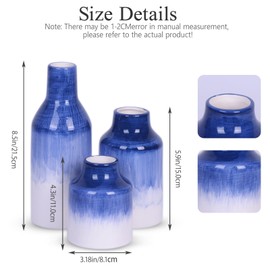 Blue and White Vase Ceramic Vase Set of 3 - Rustic Farmhouse Blue Flower Vases Set -for Modern Minimalist Home Mantel Decor Dining Room Table Centerpiec (Blue White)