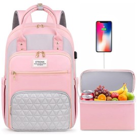 ETRONIK Lunch Backpack for Women, 15.6 inch Large Laptop Backpack with USB Port, Work Backpack for Women Men Travel Backpack with Insulated Cooler Lunch Bag basket backpack, Women's Minimalist - Color: Pink