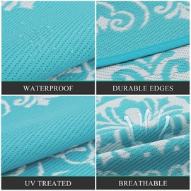 Pauwer Waterproof Outdoor Rug 6ft, Reversible Plastic Straw Patio Camping Rug, Indoor Outdoor RV Mat Carpet for Deck, Camper, Porch, Balcony, Backyard, Picnic, Floral Teal