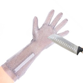 19cm Long Chainmail Glove for Cutting Food Grade,Larger Protected Area,Long Protective Butcher Gloves,316L Stainless Steel Metal Mesh Gloves,Cut Resistant Glove with Metal Craw,X-Large(Pack of 1)
