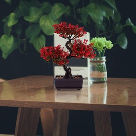 Unomor Simulated Plant Bonsai Red Faux Plant for Home Decor Indoor Potted Greenery Centerpiece Low Maintenance Decorative for Living Room