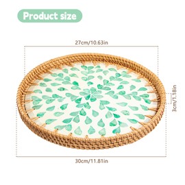 Round Rattan Tray with Mother of Pearl Rattan Serving Basket Tray Decorative Pallets for Kitchen Coffee Table Sturdy Materials Weaving Willow Green Leaf Shell Display of Bread Fruit Pallet