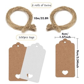 Aieino 100PCS Gift Tags with String for Presents - 4x9cm Kraft Paper Tags Blank Labels Hollow Heart Pattern Decorative Name Tags for Valentines Day, Birthday, Wedding, Party(Brown & White)