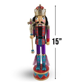 Nutcracker Ballet Gifts Sparkling Wood Nutcracker Figures, Christmas Decor Holiday Home Decorations, Decorative Wooden Statue, 15-inch, Red with Purple Glitter