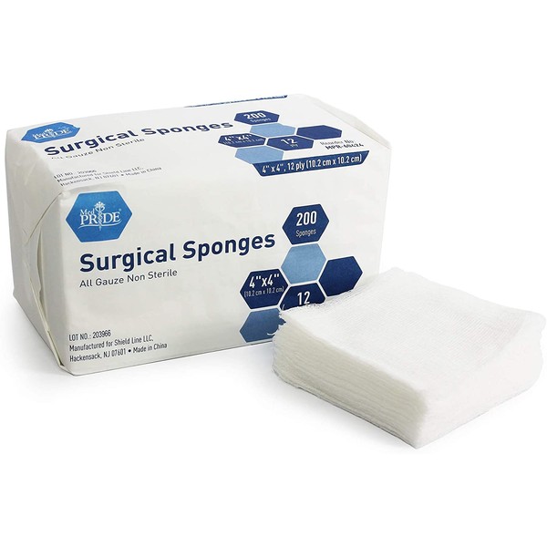 Medpride Gauze Surgical Sponge | 4”x 4”| 12-ply Extra Absorbent Sponges| Value Pack of 200| All-Gauze, Non-Sterile| Great for Wound Dressing, Prepping, Scrubbing & Cleaning| Essential First-Aid