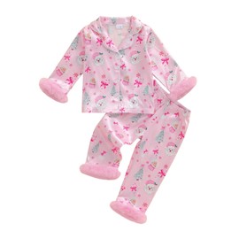 Kavousa Kids Toddler Girl Christmas Satin Pajamas 2 Pcs Holiday Pajama Set Santa Claus Print Shirts + Pants Sleepwear Outfit (New Pink Santa, 12-18 Months)