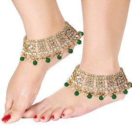 Aheli Set of 2 Indian Traditional Faux Kundan Designer Anklets Ethnic Wedding Fashion Jewelry Gift for Women Green