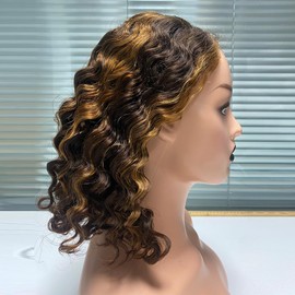 Wear and Go Glueless Wigs Human Hair Pre Plucked Deep Wave Curly Bob Wig Human Hair Upgraded No Glue 13x4 Lace Front Glueless Wigs for Black Women 16 Inch 4/27 Highlight