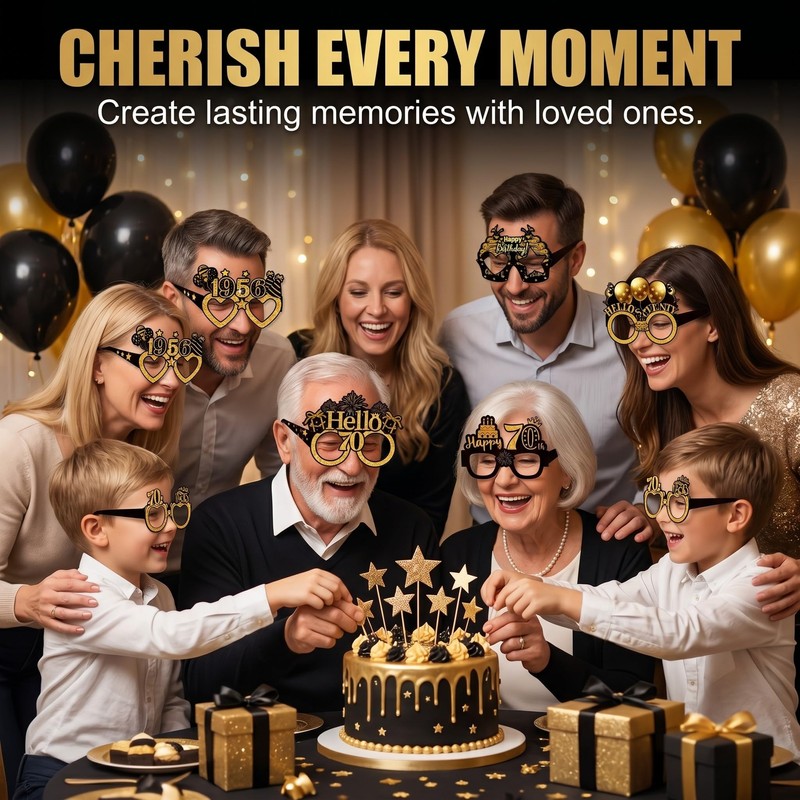 8 Pezzi Occhiali 70 Compleanno, Occhiali di Carta Nero e