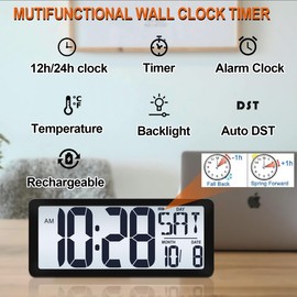 14.5'' Rechargable Large Digital LCD Wall Clock with Backlight Glow in the Dark,Night Light Wall Clock with Week,Date & Temperature,DST,Alarm Display for Living Room, Bedroom, Gift for Elderly