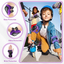Kids Knee And Elbow Pads,6 in 1 Adjustable Kids Sports Protective Gear Set With Mesh Bag for Skateboard, Roller Skating, Biking, And Outdoor Multi-Sports (Purple, M)