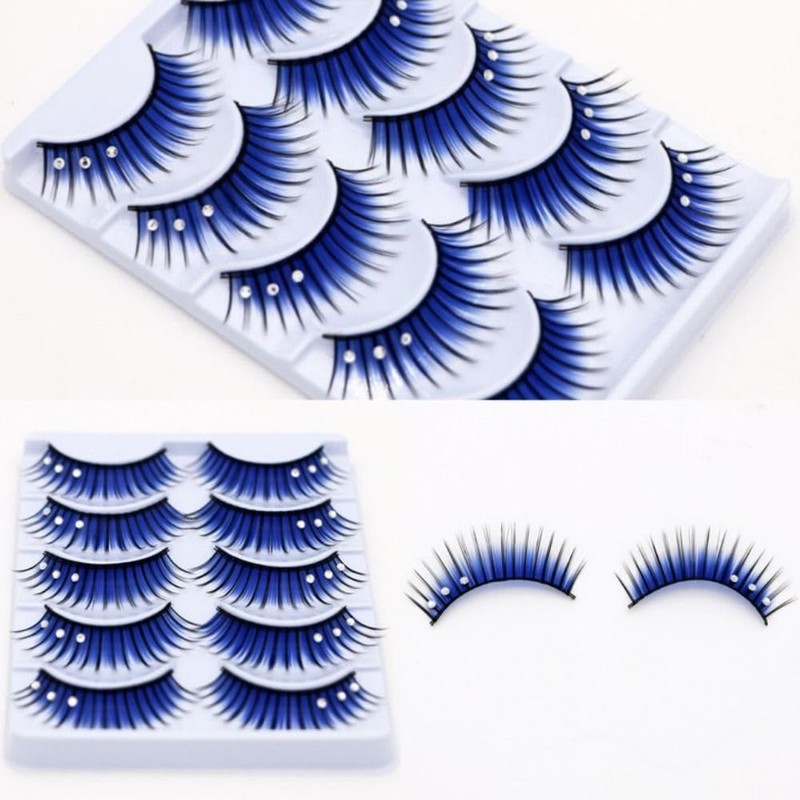 5 Pairs Glitter Eyelashes 3D Blue Cosplay Anime Eyelashes Rhinestone