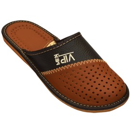 Leatherworld Herren Hausschuhe Leder Pantoffeln, 43 EU, Braun