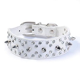 Haoyueer Spiked Studded Dog Collar Stylish Leather Dog Collar, with Bullet Rivets and Rhinestones, Soft and Adjustable for Medium and Large Dogs(White,S fit Neck 31-38cm)