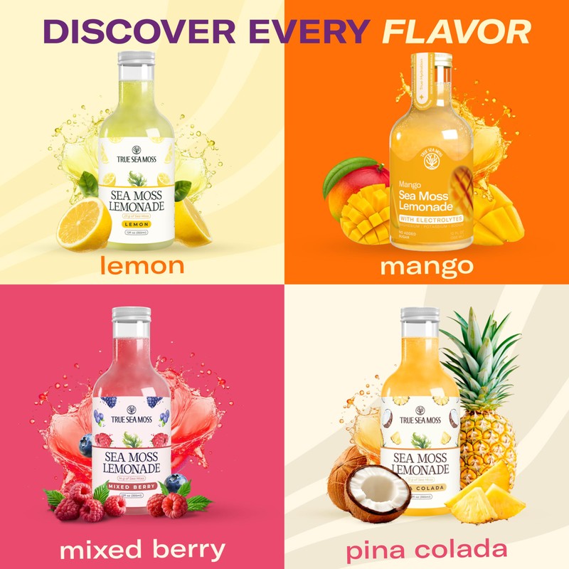 Sea Moss Lemonade Variety Pack – 4 Flavors Sampler: Lemon,