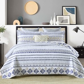 Y-PLWOMEN King Quilt, 100% Cotton Boho Quilt King Size, White Navy Striped King Size Bedspread for All Season, 3-Pieces